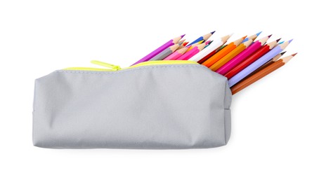Photo of Many colorful pencils in pencil case isolated on white, top view