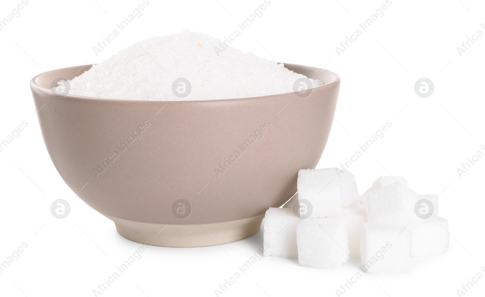 Photo of Different types of sugar and bowl isolated on white