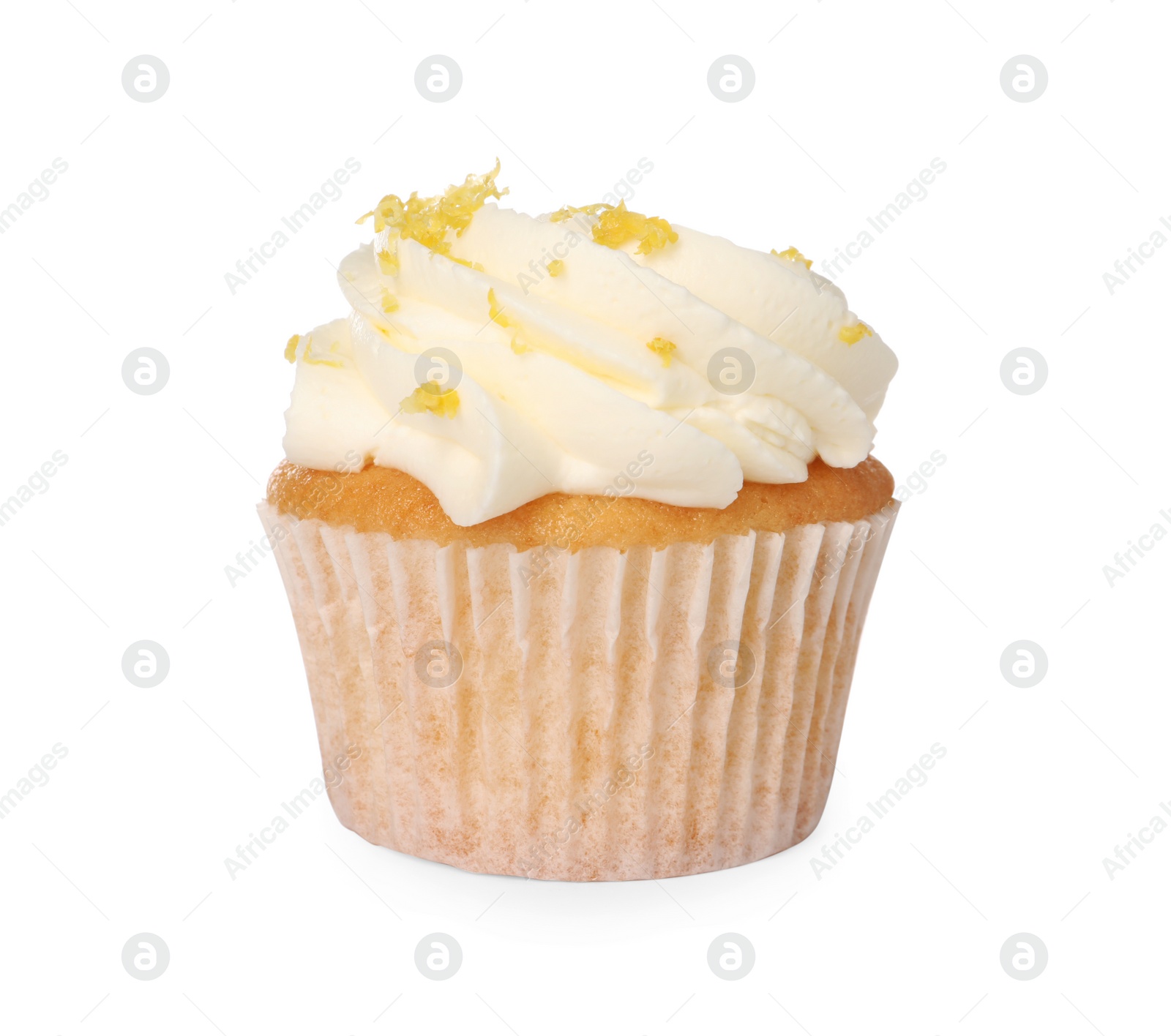 Photo of Delicious cupcake with cream and lemon zest isolated on white