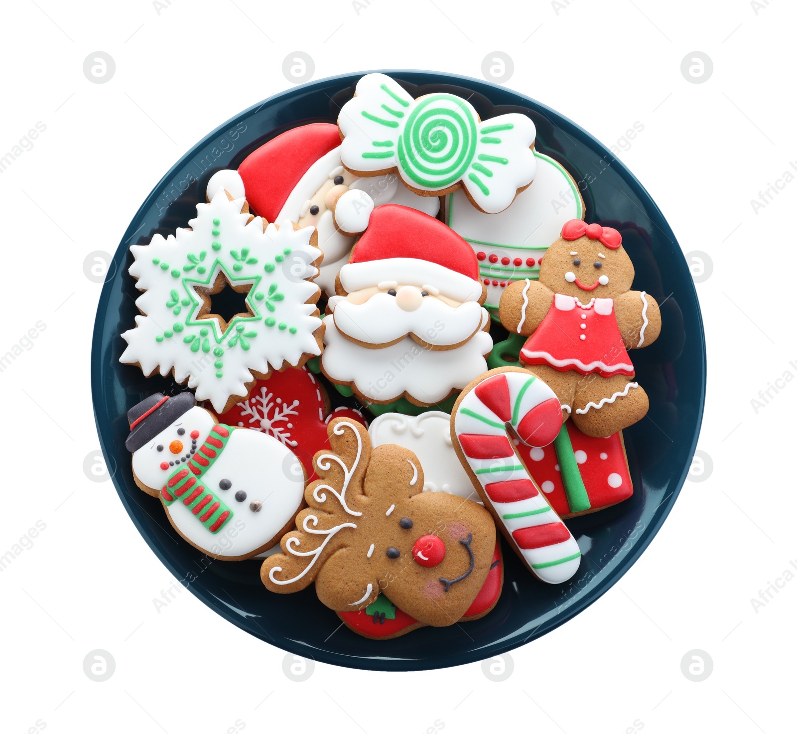 Photo of Delicious gingerbread Christmas cookies on white background, top view