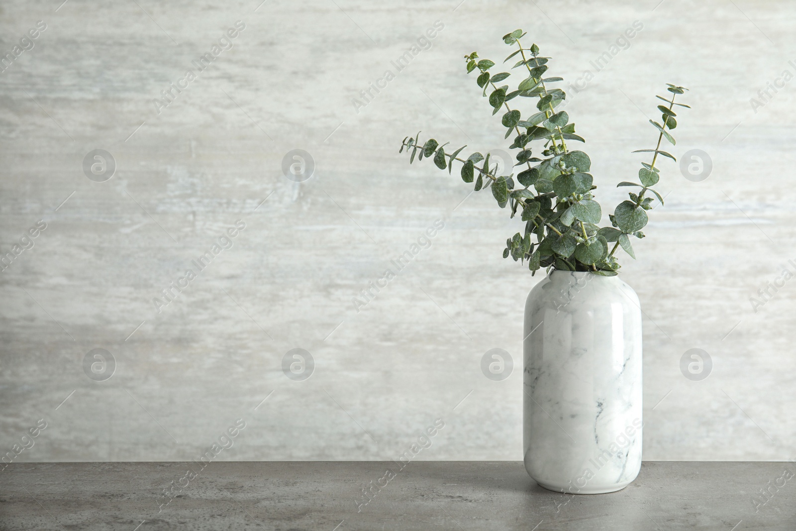 Photo of Bunch of eucalyptus branches with fresh leaves in vase on table