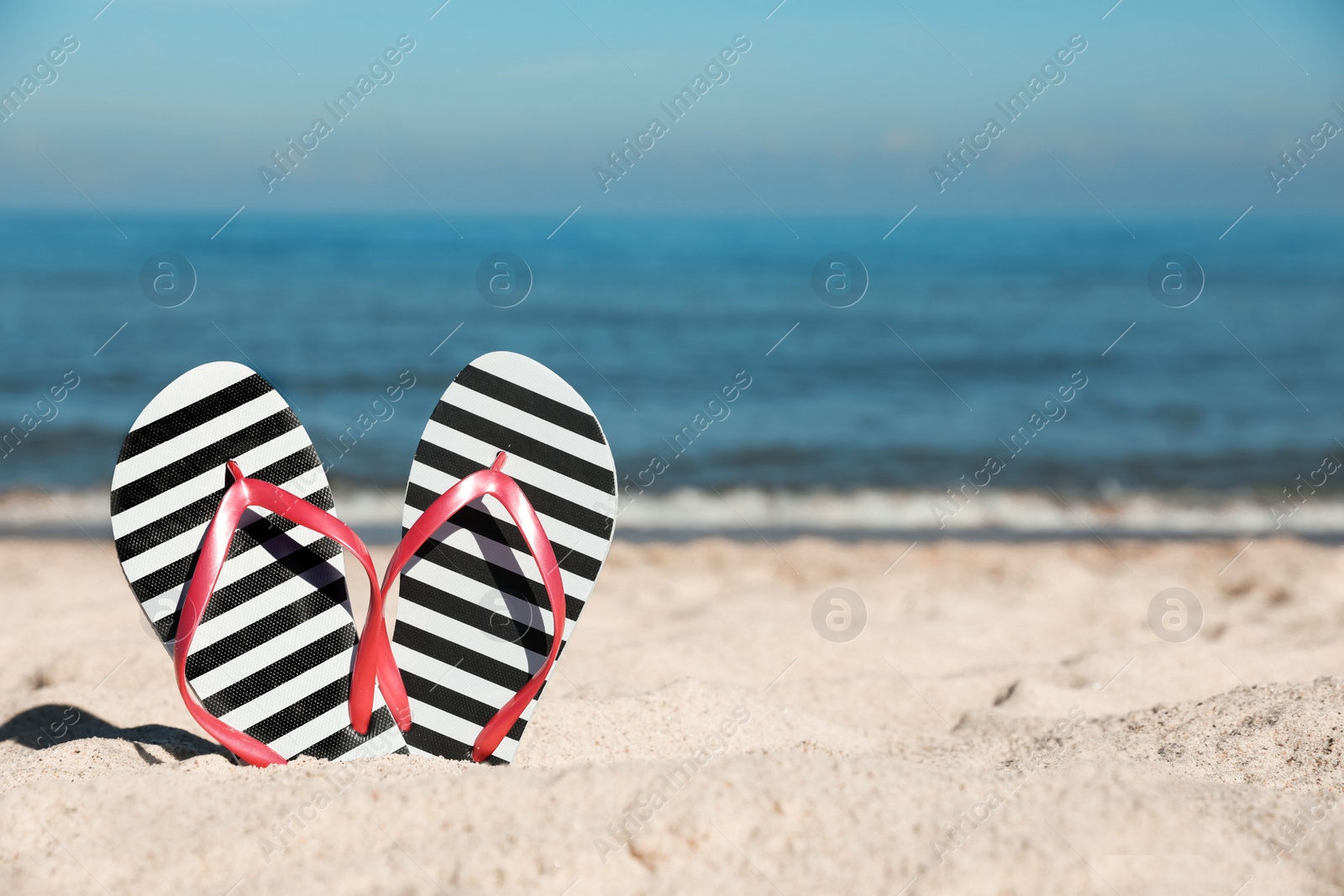 Photo of Striped flip flops in sand on beach near sea. Space for text