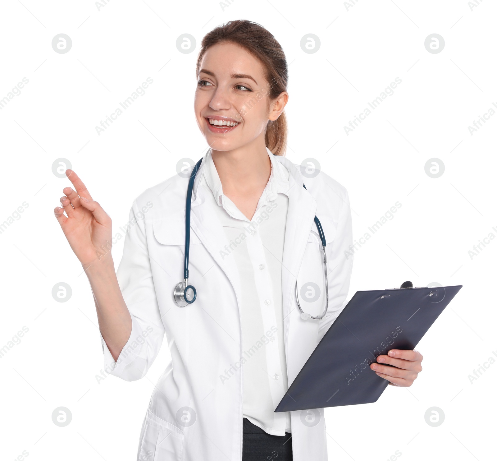 Photo of Portrait of medical doctor with clipboard and stethoscope isolated on white