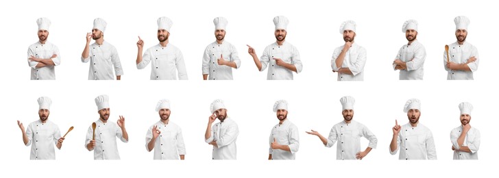 Image of Chef in uniform on white background, collage design