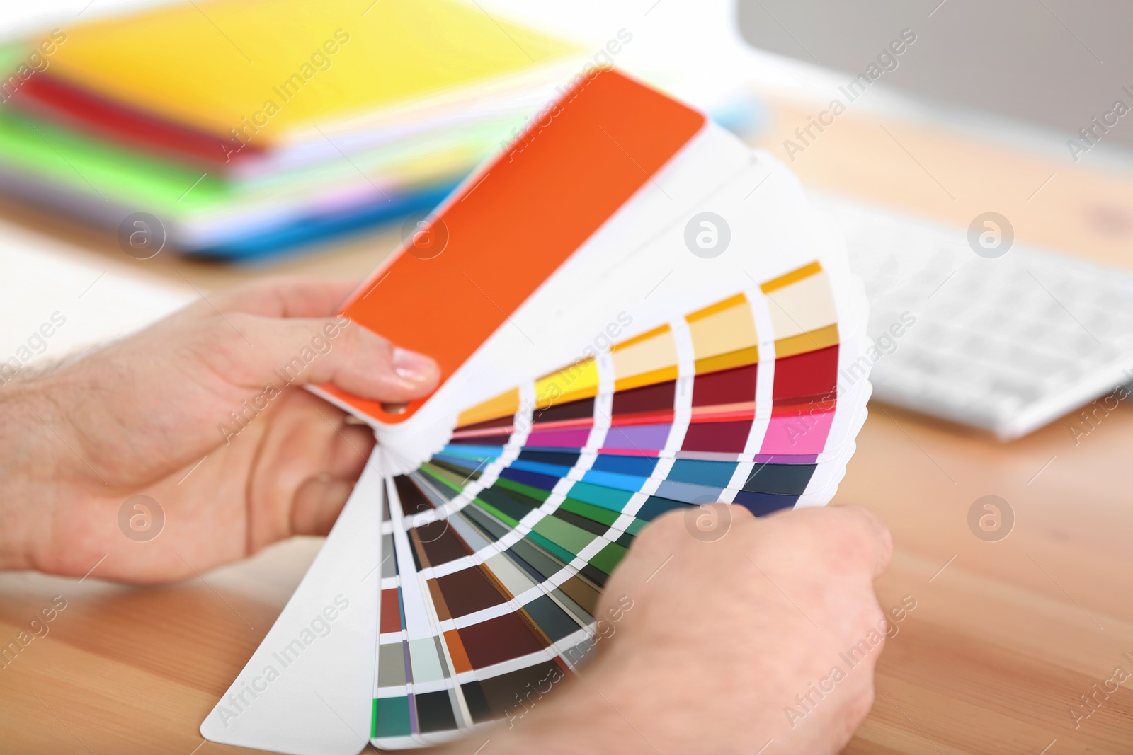 Photo of Designer with paint color palette samples at table, closeup