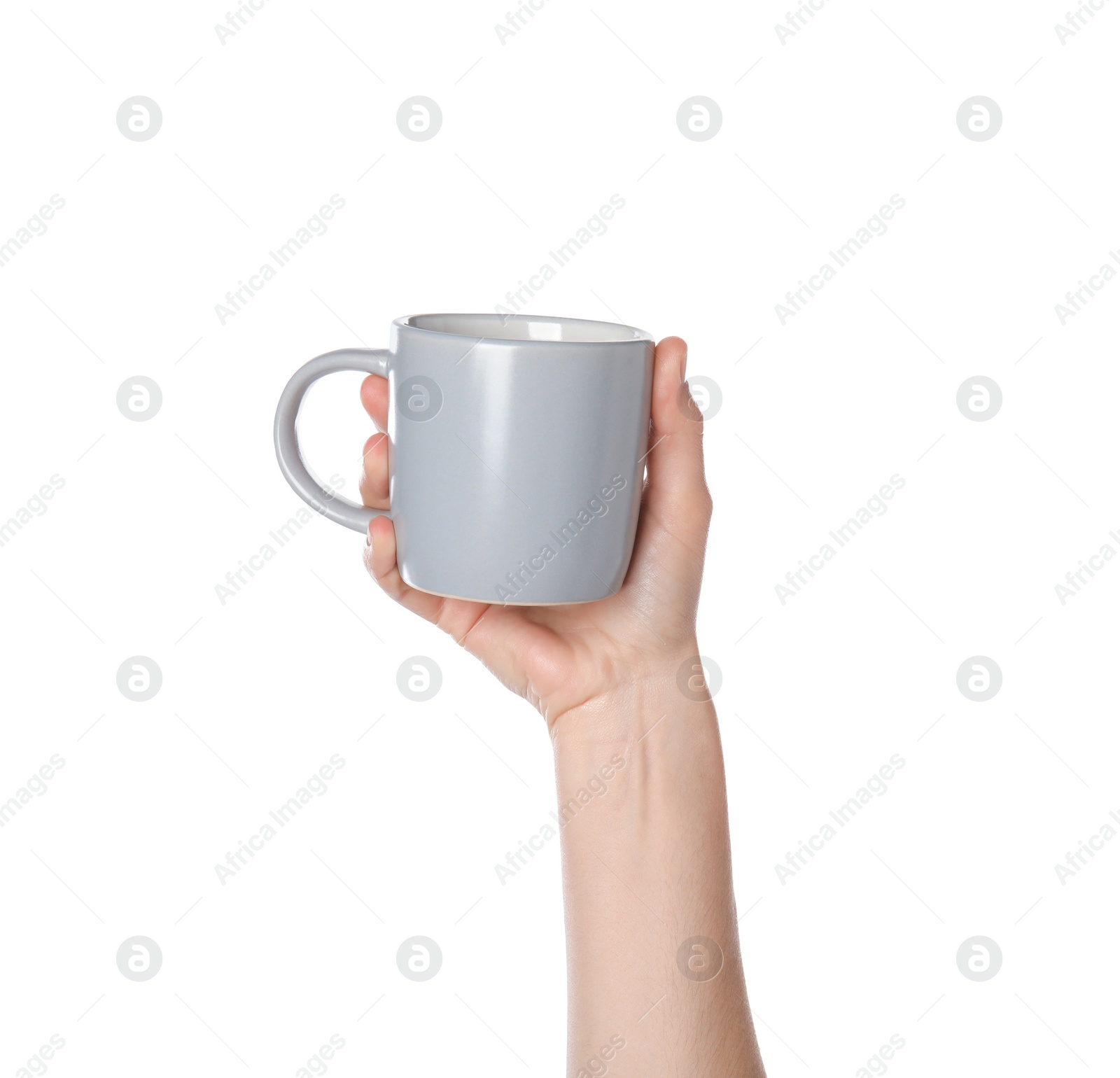 Photo of Woman holding grey cup on white background, closeup