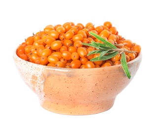 Fresh ripe sea buckthorn berries in bowl isolated on white