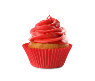 Photo of Delicious birthday cupcake decorated with red cream isolated on white