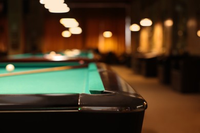 Closeup view of stylish billiard table indoors, space for text