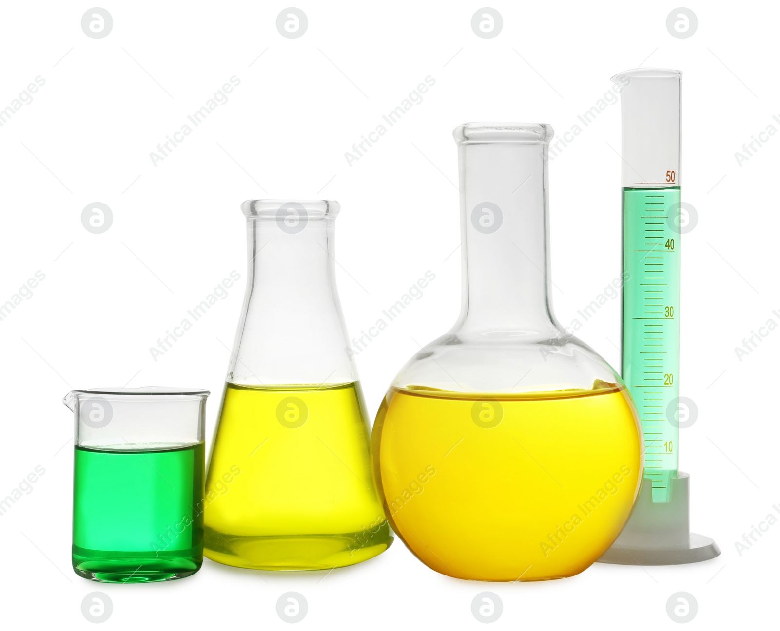 Photo of Laboratory glassware with colorful liquids on white background