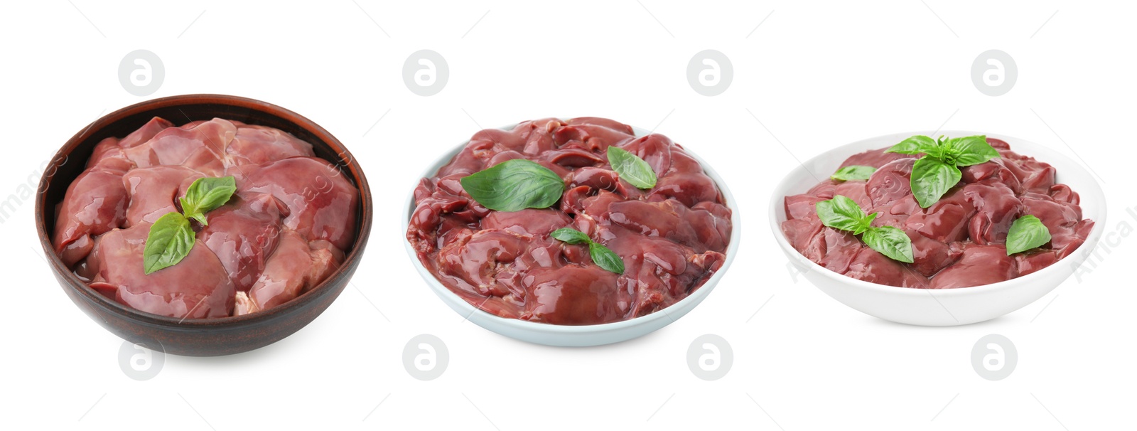 Image of Fresh chicken liver in bowls isolated on white, collection