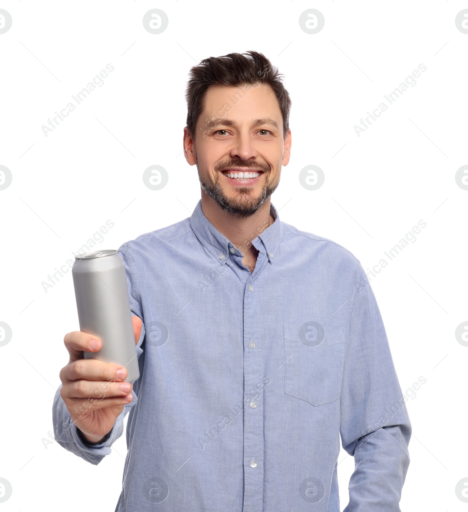 Photo of Happy man holding tin can with beverage on white background