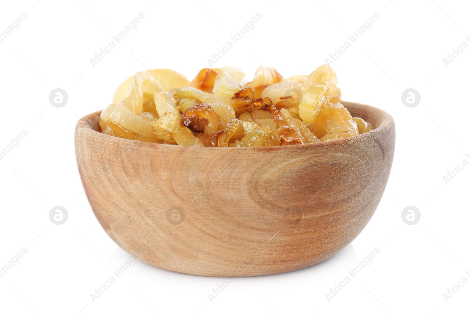 Photo of Tasty fried onion in wooden bowl isolated on white