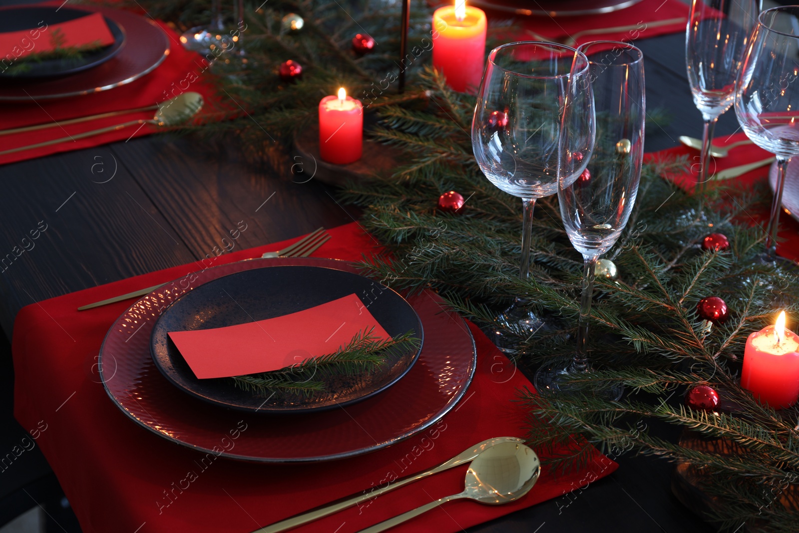 Photo of Elegant Christmas table setting with blank place cards and festive decor