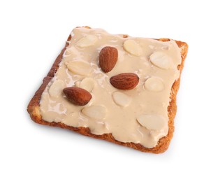 Photo of Toast with tasty nut butter and almonds isolated on white
