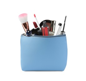 Stylish light blue cosmetic bag with makeup products on white background