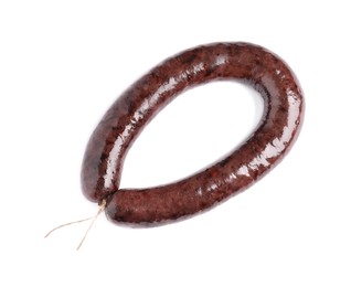 Photo of Tasty blood sausage isolated on white, top view