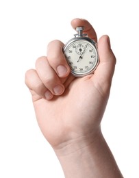 Man holding vintage timer on white background, closeup