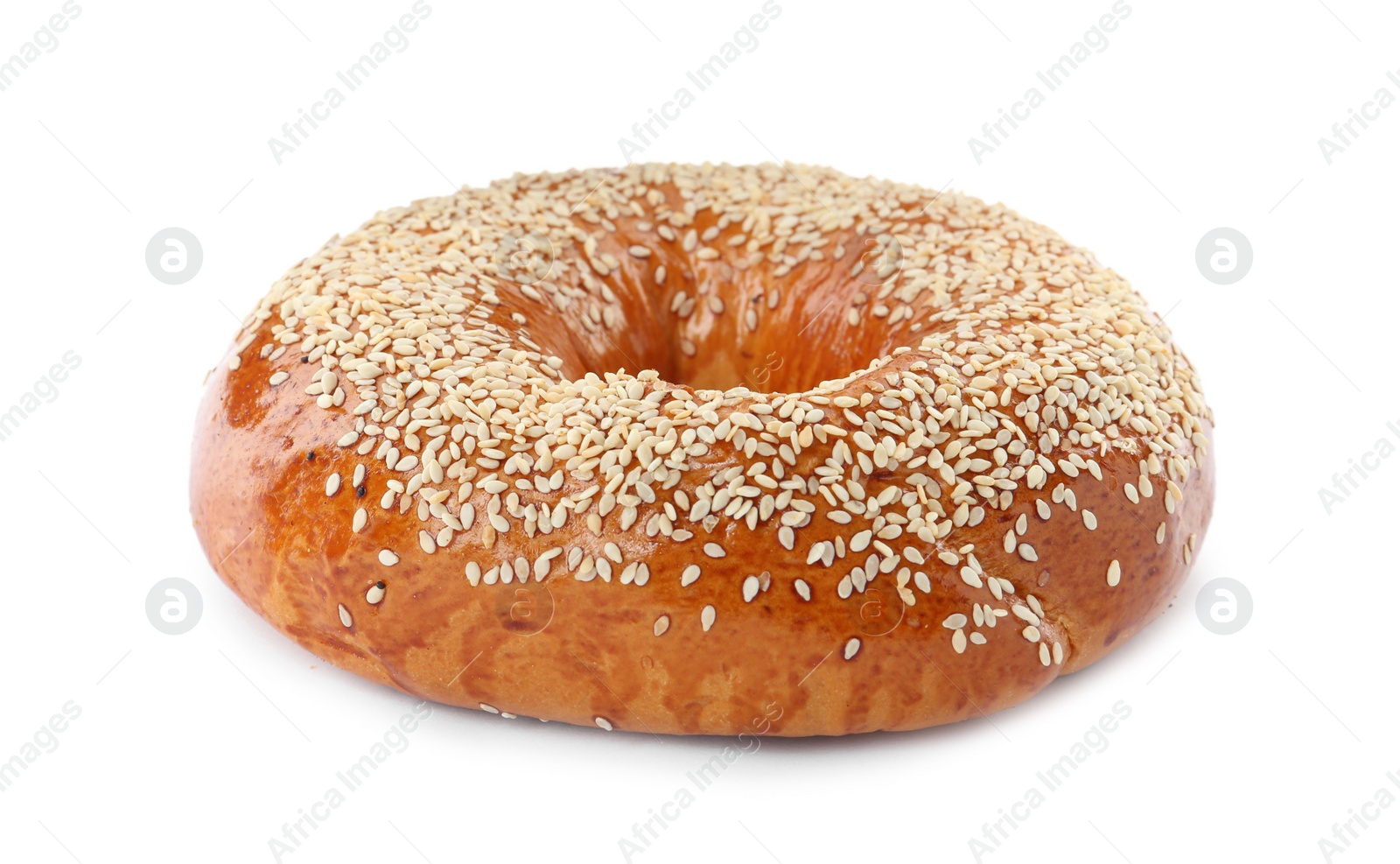 Photo of Delicious fresh bagel with sesame seeds isolated on white