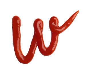 Photo of Letter W written with ketchup on white background