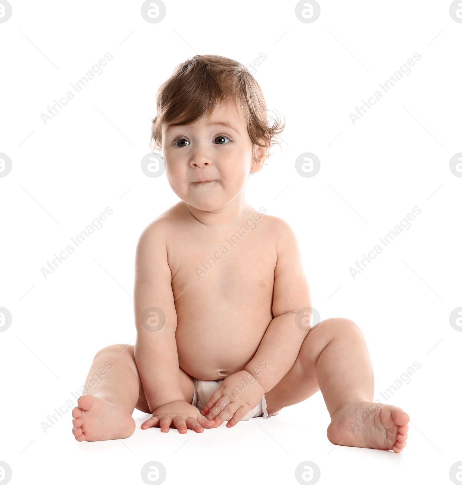 Photo of Cute little baby in diaper on white background