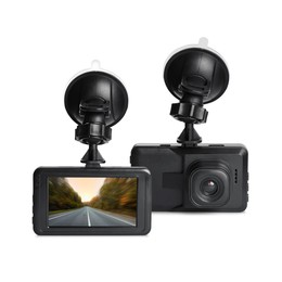 Image of Modern car dashboard cameras on white background in collage, one with photo of road