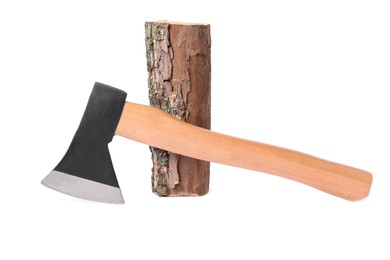Photo of Metal ax and wood log on white background