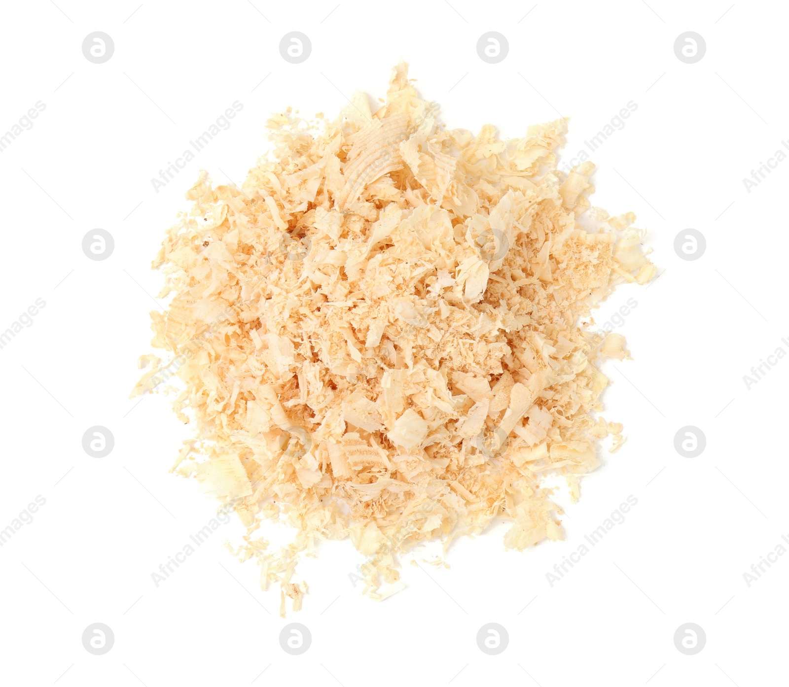 Photo of Pile of natural sawdust isolated on white, top view