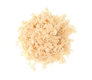 Pile of natural sawdust isolated on white, top view