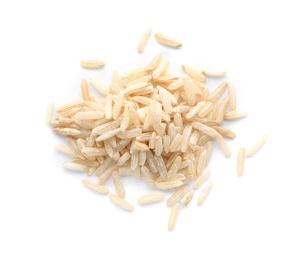 Pile of brown rice on white background, top view