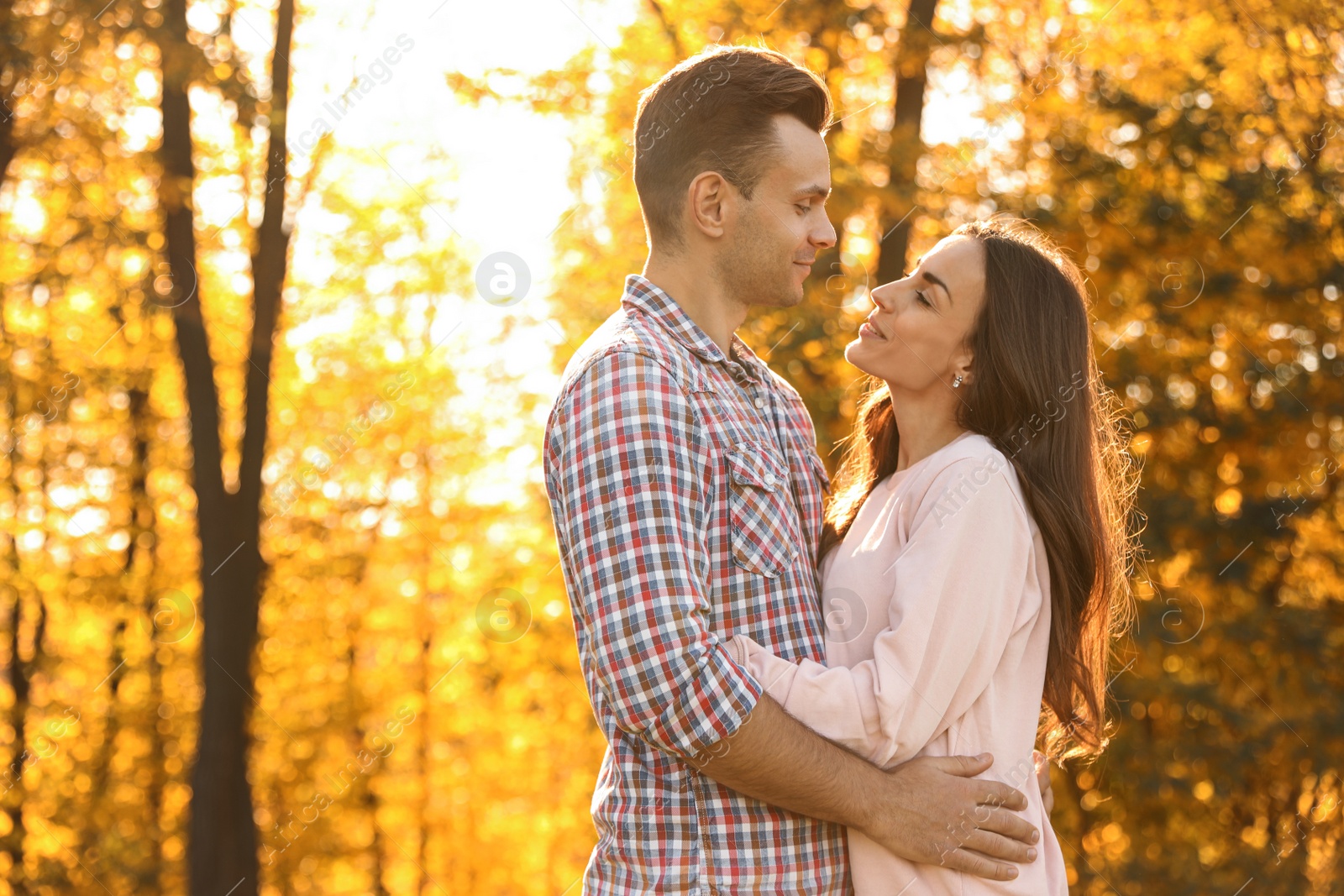 Photo of Happy couple in sunny park. Autumn walk