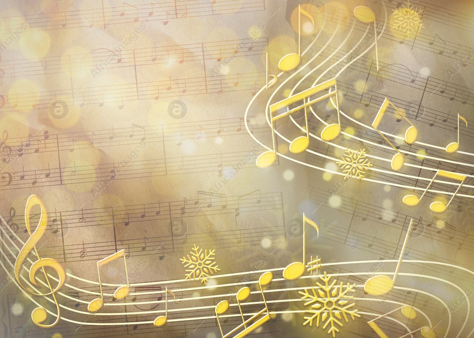 Image of Treble clef, music notes, snowflakes and sheet with musical symbols. Bokeh effect