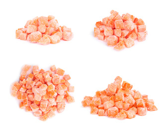 Image of Set of frozen carrots on white background. Vegetable preservation