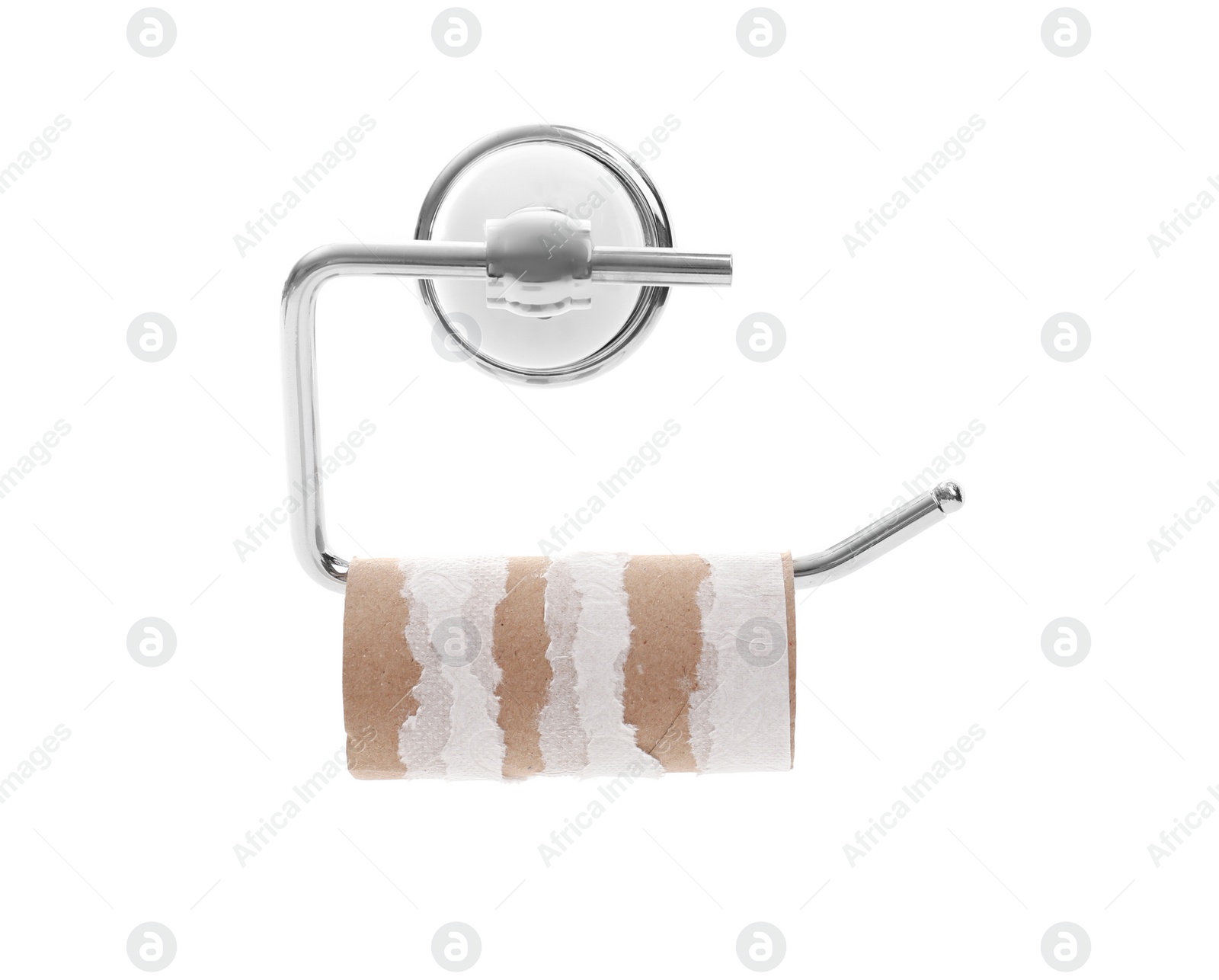 Photo of Holder with empty toilet paper roll on white background