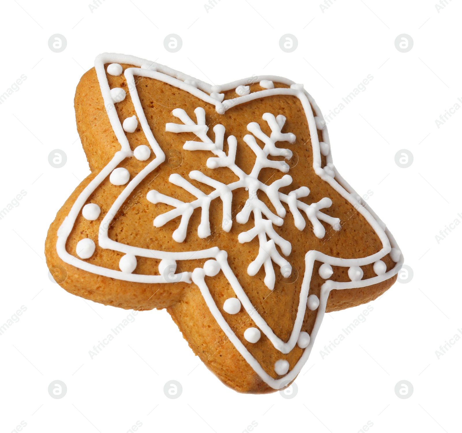 Photo of Tasty star shaped Christmas cookie with icing isolated on white