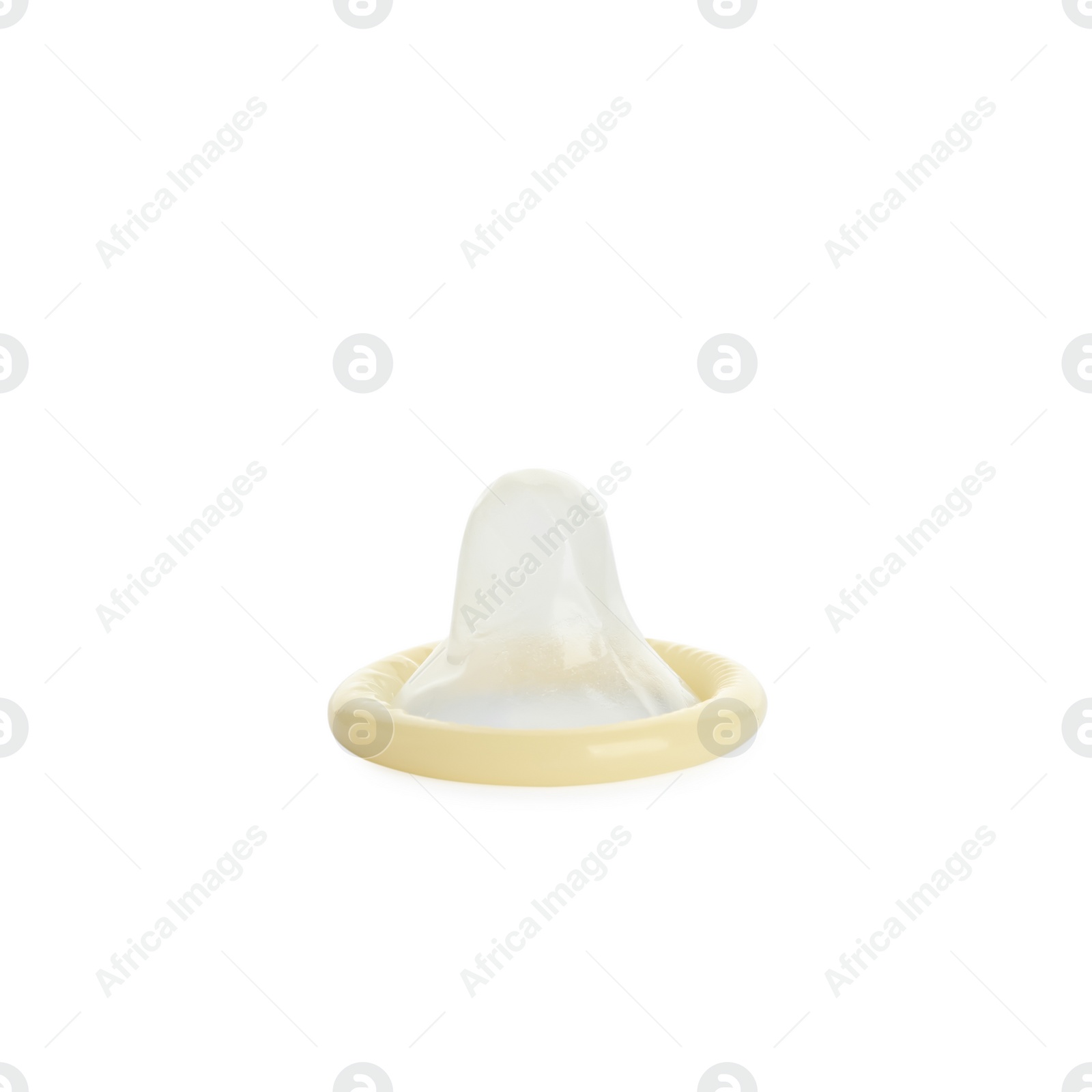 Photo of Unpacked beige condom isolated on white. Safe sex