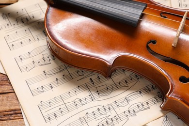 Violin and music sheets on wooden table, closeup