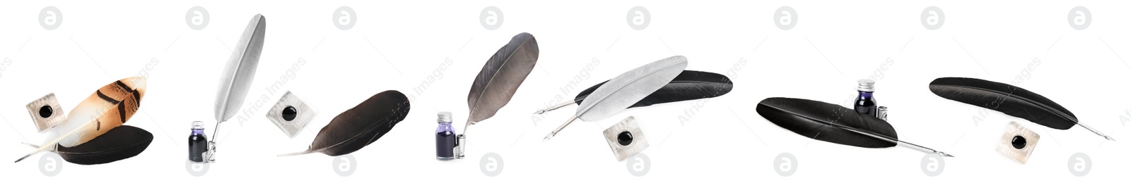 Image of Set with quills and inks on white background. Banner design