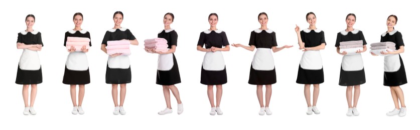 Collage with photos of young chambermaid in uniform on white background. Banner design