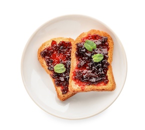 Photo of Toasts with jam on plate, isolated on white