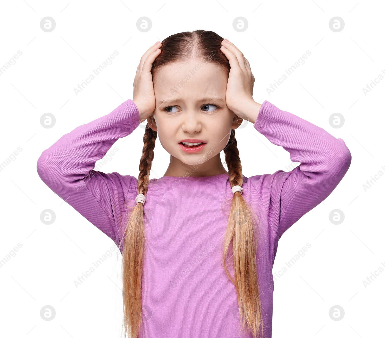 Photo of Little girl suffering from headache on white background