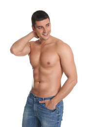 Man with sexy body on white background