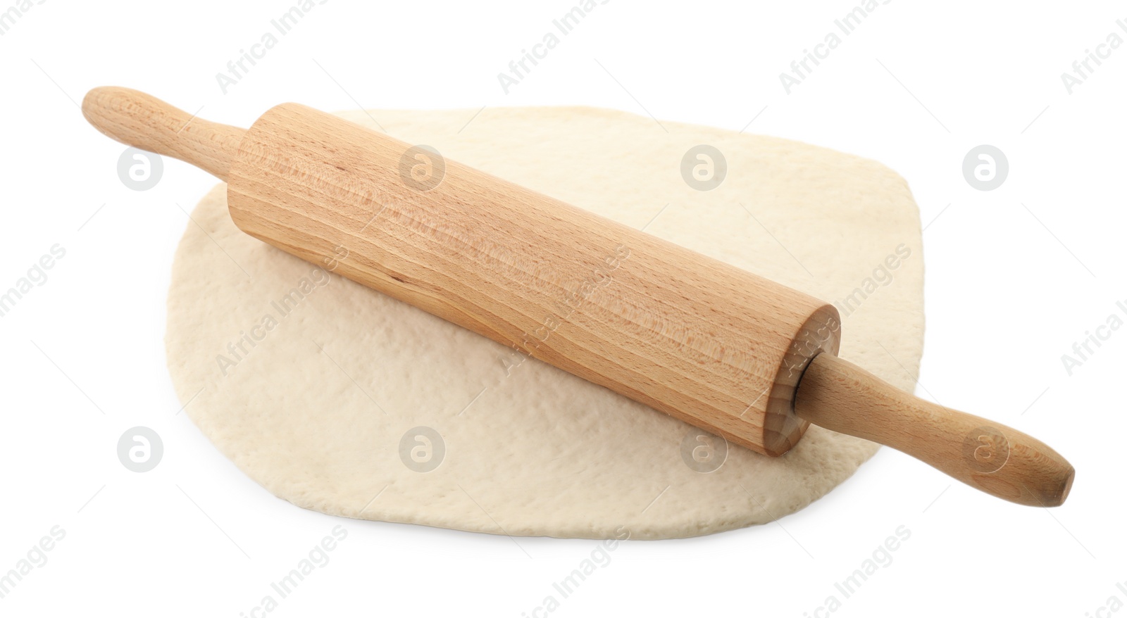 Photo of Raw dough and rolling pin isolated on white