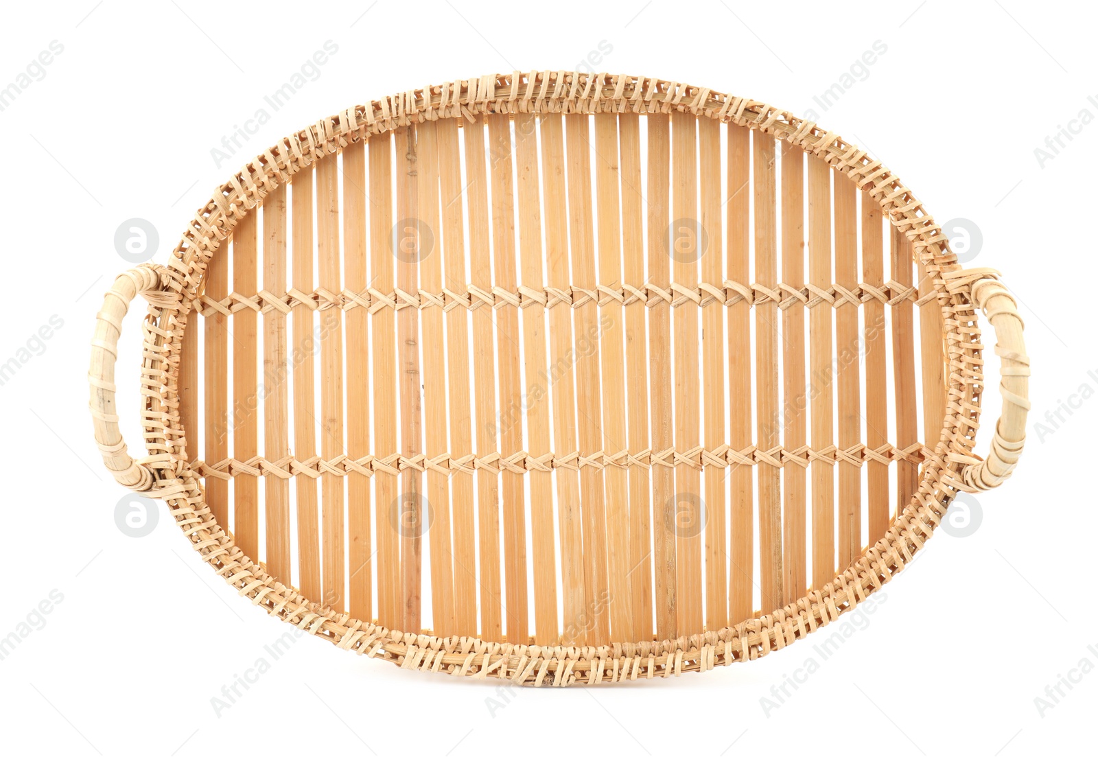 Photo of One empty wicker bread basket isolated on white, top view