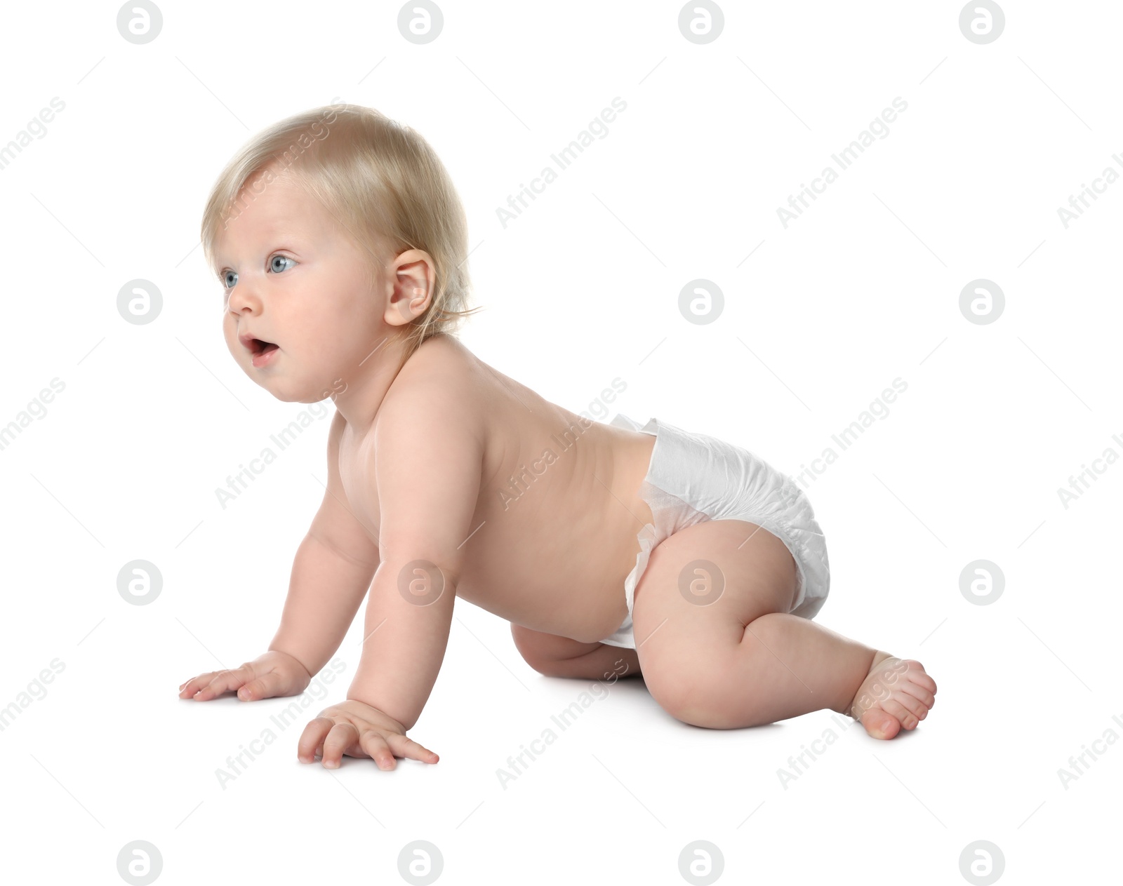 Photo of Cute little baby in diaper on white background