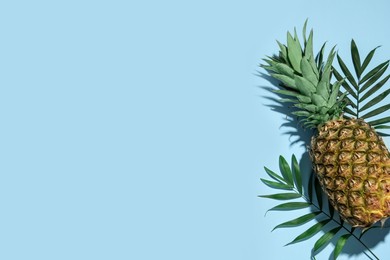 Photo of Whole ripe pineapple and green leaves on light blue background, flat lay. Space for text