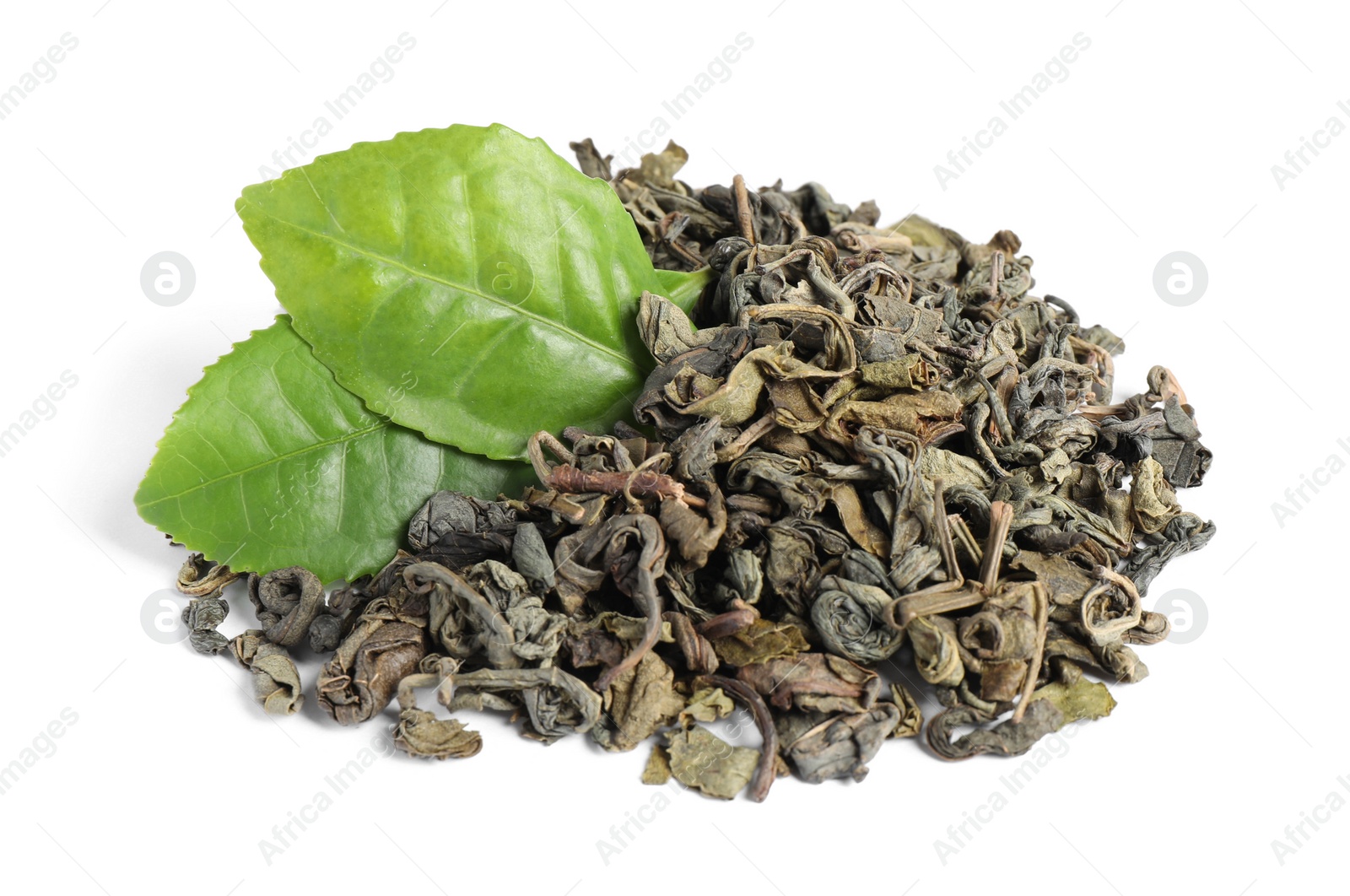Photo of Dry and fresh tea leaves isolated on white