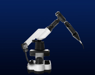 Image of Modern electronic laboratory robot manipulator on blue background. Machine learning