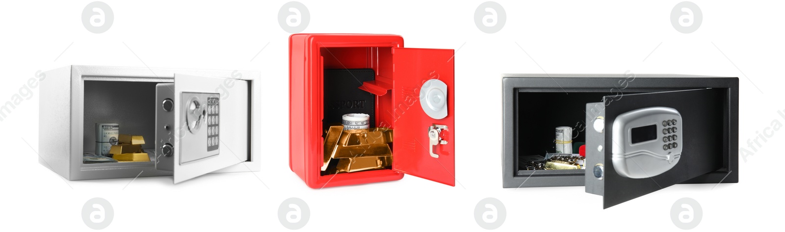 Image of Set of open steel safes with gold and banknotes on white background