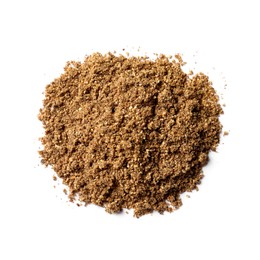 Photo of Heap of aromatic caraway (Persian cumin) powder isolated on white, top view